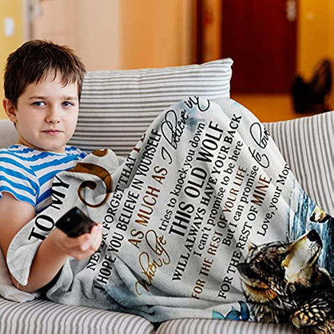 To My Son‘s Gifts from Mom Blanket,Sublimation Fleece Wolf Blanket Throw for Sofa Couch Bed Decor,60''x50'' for Teens Kids and Adults