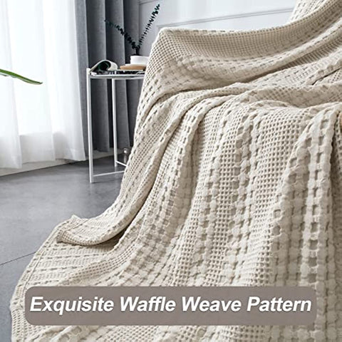 100% Cotton Waffle Weave Blanket King Size - Washed Soft Lightweight Blanket for All Season - Breathable and Skin-Friendly Blanket for Couch Bed Sofa 108"x90" - Light Khaki/Linen