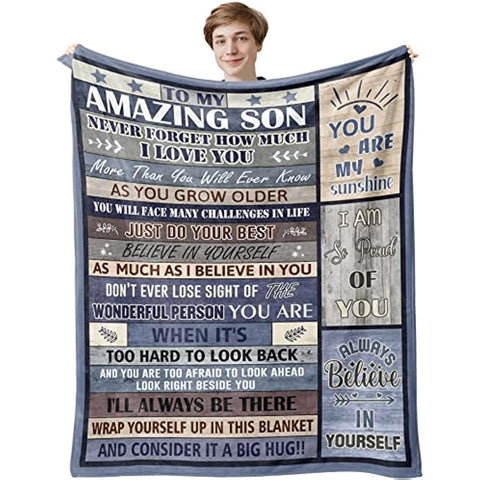 Son Gifts from Mom Blanket, Gifts for Son, Best Gifts for Grown Son, Mom to Son Gifts, To My Amazing Son - Back to School/Birthday/Graduation Gift Ideas for Son from Dad Throw Blankets 60"X50"