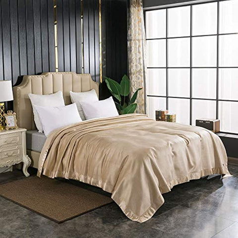 Luxury Mulberry Silk Blanket with Silk Charmeuse Border (Rugby Tan, Twin 66" x 88")