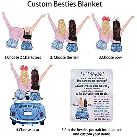 to My Besties Custom Friends Blanket with Many Characters,Change Hairstyles&Name Blankets,Personalized Friendship Blanket for Women,Best Friends,BFF, Bestie Birthday Gifts