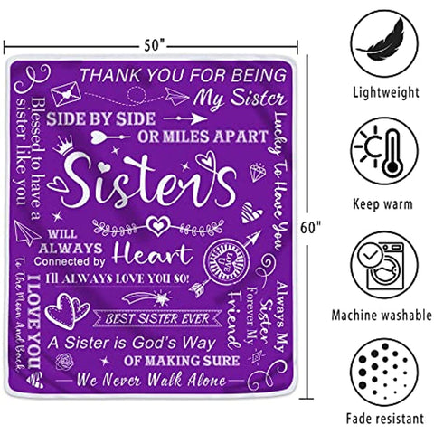 Sisters Gifts from Sister Blanket, Sister Gifts Throw Blanket, Sister Birthday Gifts from Sister, Gifts for Sister Soft Blanket, Big Sister Gift, Soft Purple Blanket 50" X 60"