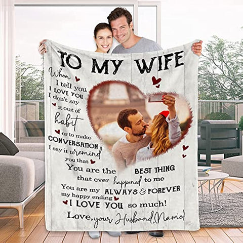 To My Wife Gift Blanket from Husband - Custom Blanket with Picture Name Change,Personalized Wife Anniversary Birthday Gifts for Her from Husband for Christmas,I Love You Gifts for Wife in Law