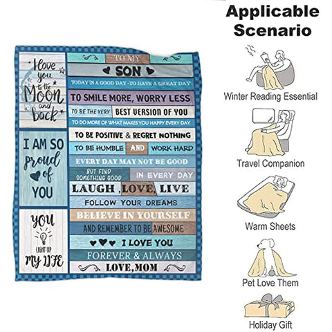 to My Son Blanket from Mom Ultra Soft Lightweight Blanket with Warm Words Cozy Flannel Blanket Gifts for Back to School Christmas Birthday Thanksgiving Throw(40'' x 50'')