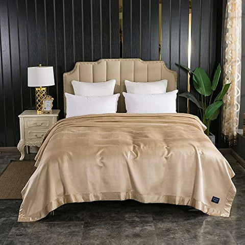 Luxury Mulberry Silk Blanket with Silk Charmeuse Border (Rugby Tan, Twin 66" x 88")