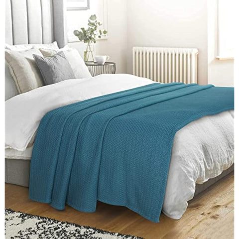100% Cotton Breathable Blanket Full - Queen Size, Thermal , Perfect for Layering Any Bed for All Season, Teal Green