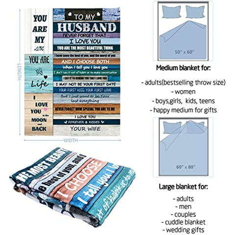 Valentines Day Birthday Gifts for Husband, Anniversary Wedding Gifts Ideas to My Husband Blanket from Wife, I Love You Presents Romantic Gift for him Ultra Soft Blanket for Men Boyfriend, 60''x50''
