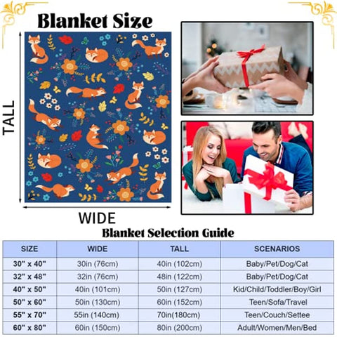 Fox Throw Blanket for Girls, Cute Fox and Flowers Throw Blanket, Soft Cozy Flannel Wildflowers Print Blankets, Blue Fluffy Warm Fuzzy Blankets for Teen Boys Women Gift Sofa Couch Bed Decor, 50x60 Inch