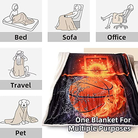 A Nice Night Basketball Print Sherpa Fleece Blanket Twin Size Plush Throw Blanket Fuzzy Soft Blanket Microfiber (Basketball, Twin(60x80 Inch))