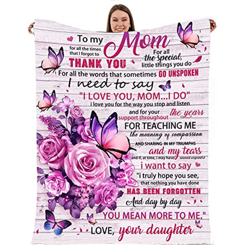 To My Mom Blanket from Daughter, Mom Pink Butterfly Blanket, Gifts for Mom, Mom Gifts from Daughters, Birthday for Mom Super Soft Cozy Flannel Throw Blanket 60" X 50"