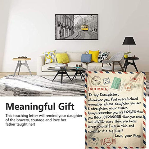 Fleece Blanket to My Daughter Letter Printed Quilts Dad Mom for Daughter's Air Mail Blanket Positive Encourage and Love Daughter's Flannel Blanket Gifts (5060in-mom)