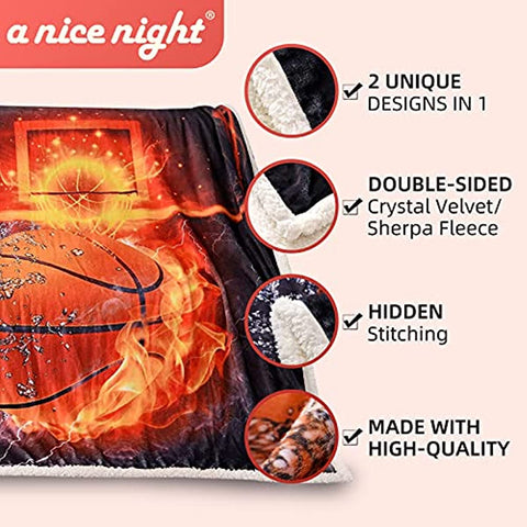 A Nice Night Basketball Print Sherpa Fleece Blanket Twin Size Plush Throw Blanket Fuzzy Soft Blanket Microfiber (Basketball, Twin(60x80 Inch))