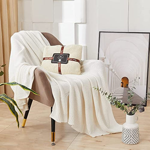Bedding Cream Cotton Cable Knit Throw Blanket for Couch Sofa Bed, Home Decorative Throws, Lightweight Woven Throw Blankets with Bonus Laundering Bag, 50“ x 60”, Beige