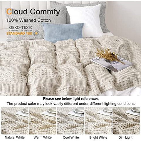 100% Cotton Waffle Weave Blanket King Size - Washed Soft Lightweight Blanket for All Season - Breathable and Skin-Friendly Blanket for Couch Bed Sofa 108"x90" - Light Khaki/Linen