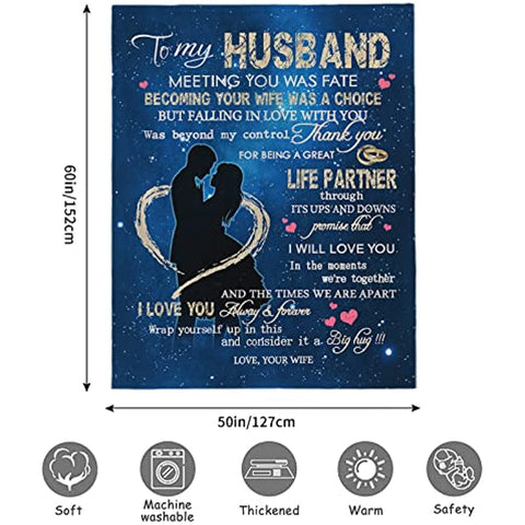 to My Husband Blanket from Wife, Birthday Gifts for Men, Throw Blanket Gifts for Husband Birthday Gift Ideas,Best Christmas Valentines Wedding for Him 60''x50''
