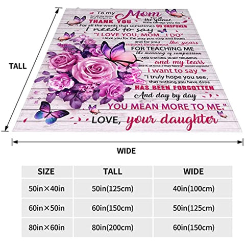 To My Mom Blanket from Daughter, Mom Pink Butterfly Blanket, Gifts for Mom, Mom Gifts from Daughters, Birthday for Mom Super Soft Cozy Flannel Throw Blanket 60" X 50"