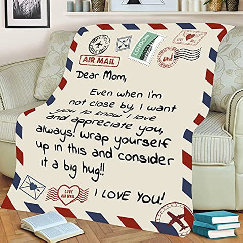 To My Mom Gift Blanket from Daughter Son I Love You Dear Mom Air Mail Letter Printed Blanket Throw for Christmas Birthday Mother Day's Soft Bed Flannel Blanket (Dear Mom-50x60in)