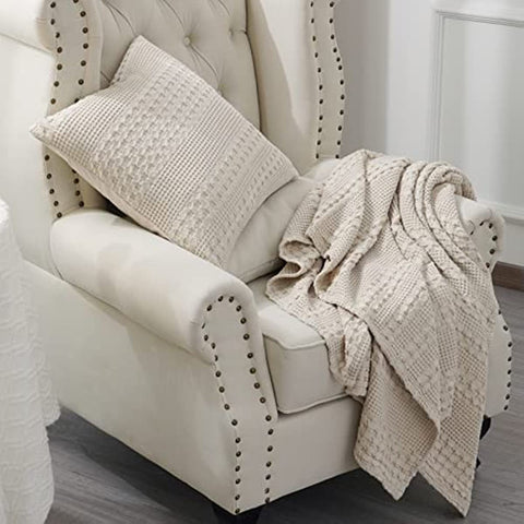100% Cotton Waffle Weave Throw Blanket - Washed Soft Lightweight Blanket for All Season - Breathable and Skin-Friendly Blanket for Couch Bed Sofa 50"x60"- Light Khaki/Linen