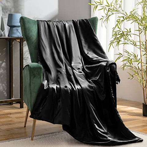 Throw Blanket Black Satin Blankets 50x60 Inches(with Small Flowers), Cooling & Silky Throw Blanket Wrinkle-Free Cable Knit Throw Blanket for Coush Sofa Bed Outdoor