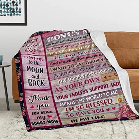 Mom Stepmom Gifts Blanket from Bonus Daughter Son, to My Bonus Mom Blankets for Birthday, Step Mom Gifts Soft Flannel Throw Blanket 50"x60"