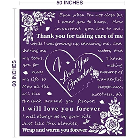 Gifts for Grandma, Birthday Gifts for Grandma, I Love You Grandma Gift Blanket, with Printed Blanket, Unique Grandma Gift from Granddaughter or Grandson, Thanksgiving, Christmas (Purple)