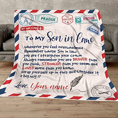 Personalized Air Mail Letter To My Son in law Throw Blankets, Gift To My Son Blanket From Mom,Gift To My Daughter, Granddaughter, Grandson From ,Customized Name, Custom Blanket for Birthday, Christmas