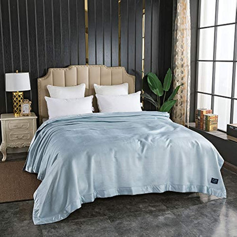 Luxury Mulberry Silk Blanket with Silk Charmeuse Border (Baby Blue, Twin 66" x 88")
