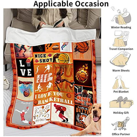 Basketball Blanket for Boys Girls, Soft Cozy Basketball Plush Throw Blanket for Kids Teens Baby Bedroom, 40 x 50 Inch Lightweight Warm Flannel Fleece Fuzzy Sports Blankets Gift for Toddler Sofa Couch