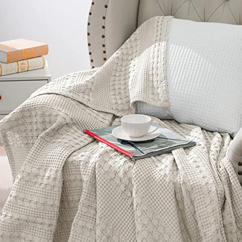 100% Cotton Waffle Weave Blanket King Size - Washed Soft Lightweight Blanket for All Season - Breathable and Skin-Friendly Blanket for Couch Bed Sofa 108"x90" - Light Khaki/Linen