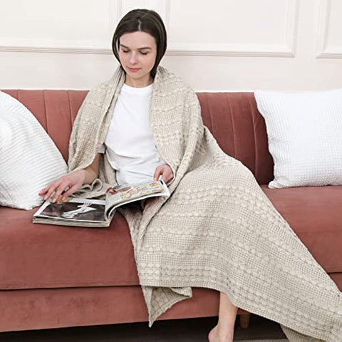 100% Cotton Waffle Weave Throw Blanket - Washed Soft Lightweight Blanket for All Season - Breathable and Skin-Friendly Blanket for Couch Bed Sofa 50"x60"- Light Khaki/Linen