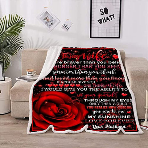 to My Wife Blanket,to My Wife Gifts from Husband Throw Blanket,Valentine Blanket Throw,Valentine Gifts for Women,Red Rose Valentine Day Gifts Blanket for Sofa Couch Decor 50"x 60"