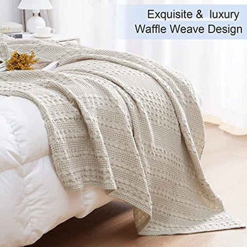 100% Cotton Waffle Weave Throw Blanket - Washed Soft Lightweight Blanket for All Season - Breathable and Skin-Friendly Blanket for Couch Bed Sofa 50"x60"- Light Khaki/Linen