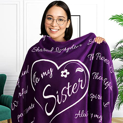 Sisters Gifts from Sister, Mothers Day Gifts for Sister, Sister Gifts Blanket, Unique Birthday Gifts for Sister from Brother, Sister Gifts from Brother, Throw Blanket 65” x 50” (Purple)