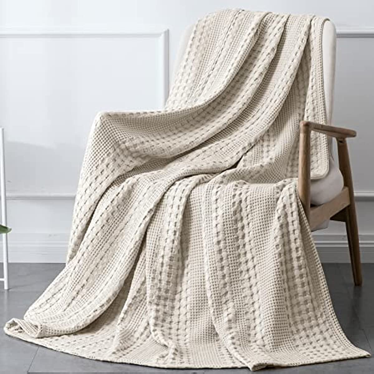 100% Cotton Waffle Weave Throw Blanket - Washed Soft Lightweight Blanket for All Season - Breathable and Skin-Friendly Blanket for Couch Bed Sofa 50"x60"- Light Khaki/Linen
