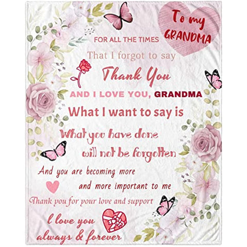 Grandma Blanket Mother's Day Throw Blanket Flower Butterfly Soft Flannel Lightweight Travel Plush Blankets Gifts from Granddaughter Grandson 40x50inch I Love You Grandma