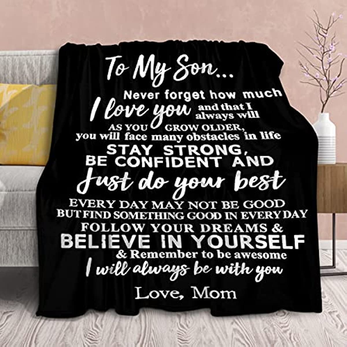 to My Son Blanket from Mom Personalized Gift for Man to Be Dad Husband,Soft Throws Courage Inpsirational Sheet Lightweight Gifts for Boys Birthday Flannel Blankets for Couch-50 x40 for Toddler Kids