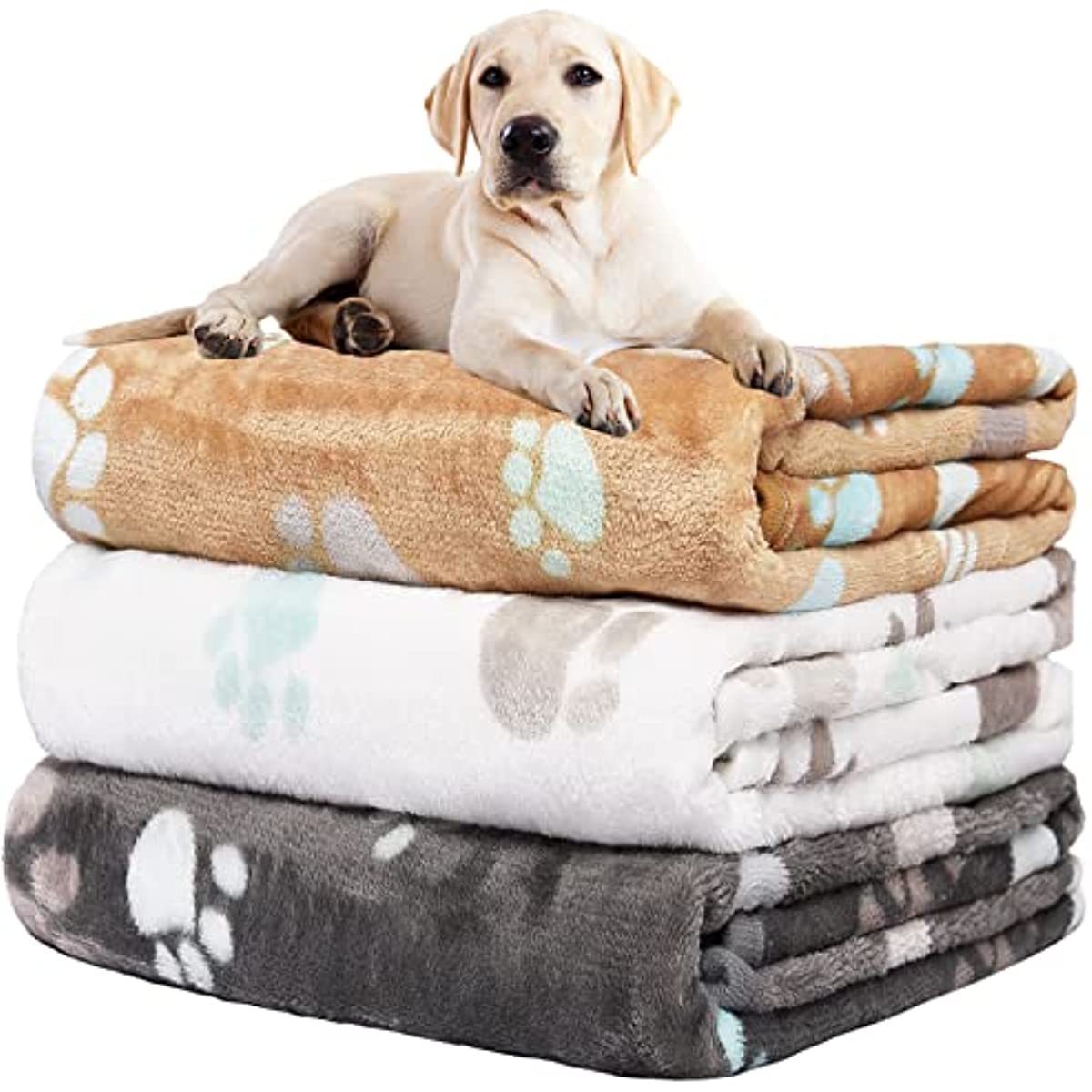 Upgraded Dog Blankets for Large Dogs, 3 Pack Dog Cat Flannel Blankets Washable, Soft Pet Mat Throw Cover for Kennel Crate Bed, Cute Paw Pattern, Dog Blanket, Pet Blanket 41" x 31"