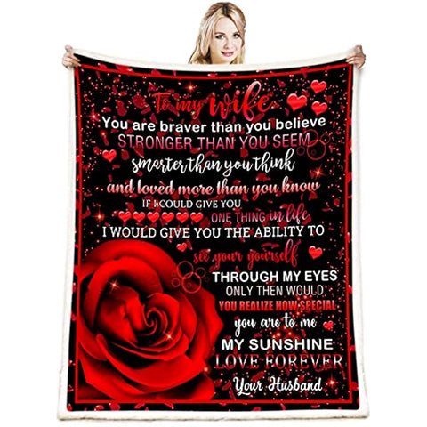 to My Wife Blanket,to My Wife Gifts from Husband Throw Blanket,Valentine Blanket Throw,Valentine Gifts for Women,Red Rose Valentine Day Gifts Blanket for Sofa Couch Decor 50"x 60"