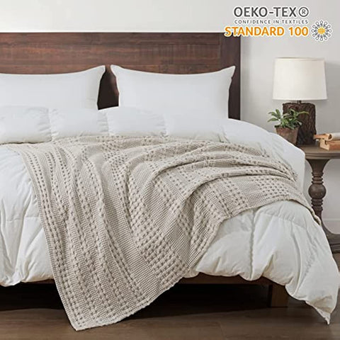 100% Cotton Waffle Weave Throw Blanket - Washed Soft Lightweight Blanket for All Season - Breathable and Skin-Friendly Blanket for Couch Bed Sofa 50"x60"- Light Khaki/Linen