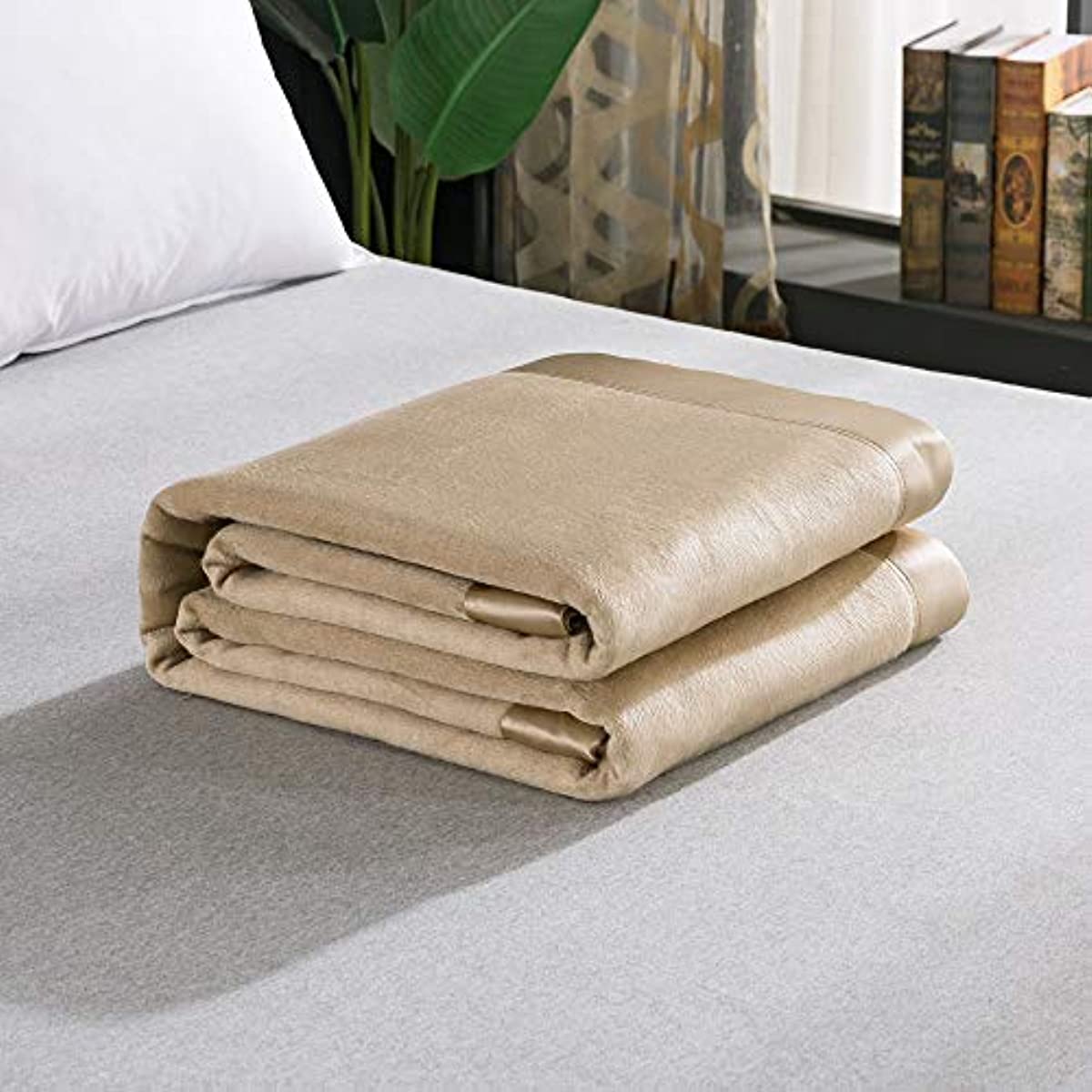 Luxury Mulberry Silk Blanket with Silk Charmeuse Border (Rugby Tan, Twin 66" x 88")