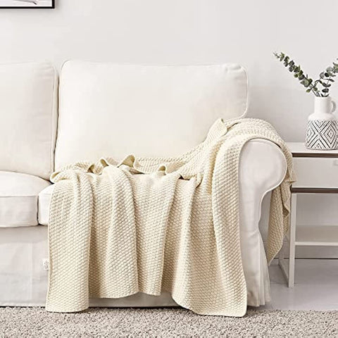bedding Cream Knitted Throw Blanket for Couch, Soft, Cozy Machine Washable 100% Cotton Sofa Knit Blankets, Heavy 3.0lb Weight, 50 x 63 Inches, Beige Color