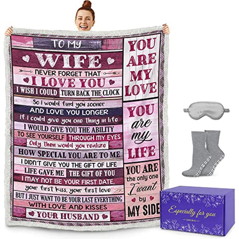 Wife Blanket with Sleep Mask, Socks and Gift Box - to My Wife Blanket from Husband for Christmas, Birthday, Valentines for Wife from Husband - Fleece Blanket, 60" x 50"