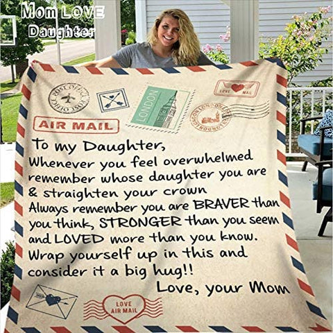 Fleece Blanket to My Daughter Letter Printed Quilts Dad Mom for Daughter's Air Mail Blanket Positive Encourage and Love Daughter's Flannel Blanket Gifts (5060in-mom)