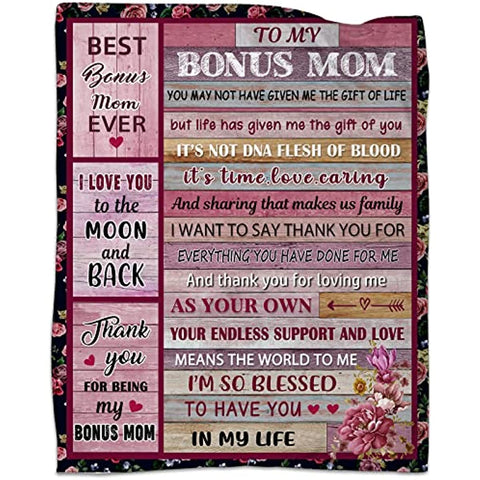 Mom Stepmom Gifts Blanket from Bonus Daughter Son, to My Bonus Mom Blankets for Birthday, Step Mom Gifts Soft Flannel Throw Blanket 50"x60"