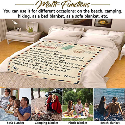Fleece Blanket to My Daughter Letter Printed Quilts Dad Mom for Daughter's Air Mail Blanket Positive Encourage and Love Daughter's Flannel Blanket Gifts (5060in-mom)