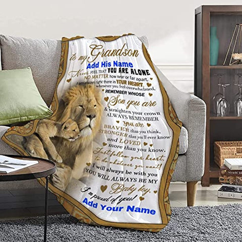 Personalized Grandson Name Blanket from Grandma Grandpa 40x50 Inches Custom Boy Name Gift Super Soft Lightweight Lions Throws Summer Travel Blankets Birthday Present Decor Bed Couch Sofa