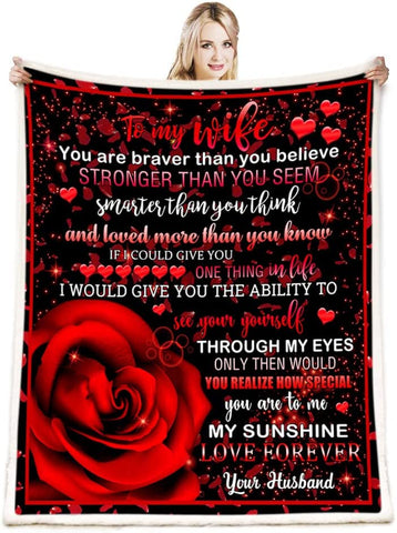 to My Wife Blanket,to My Wife Gifts from Husband Throw Blanket,Valentine Blanket Throw,Valentine Gifts for Women,Red Rose Valentine Day Gifts Blanket for Sofa Couch Decor 50"x 60"