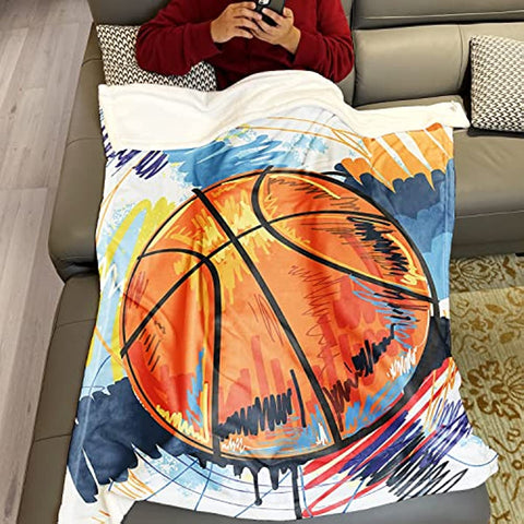 Watercolor Basketball Blanket, Colorful Line Graffiti Modernist Aesthetic Art Throw, Great Gifts for Boys and Girls, 50x60 Inches