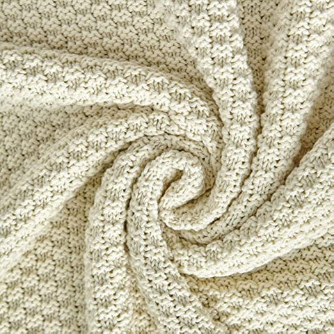 bedding Cream Knitted Throw Blanket for Couch, Soft, Cozy Machine Washable 100% Cotton Sofa Knit Blankets, Heavy 3.0lb Weight, 50 x 63 Inches, Beige Color