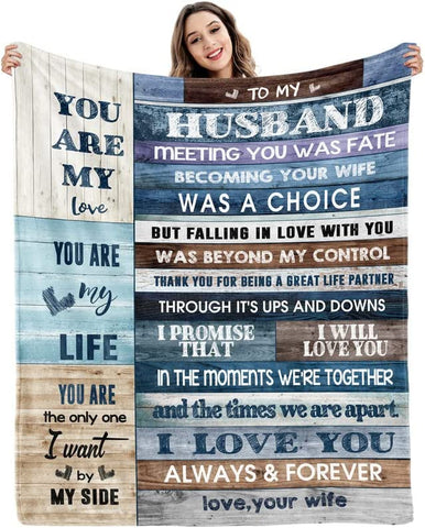Gifts for Husband from Wife to My Husband Blanket Wedding Anniversary Romantic Gifts for Husband Birthday Christmas Valentine's Father’s Day Healing Thoughts Blanket Presents for Him 60" x 50"